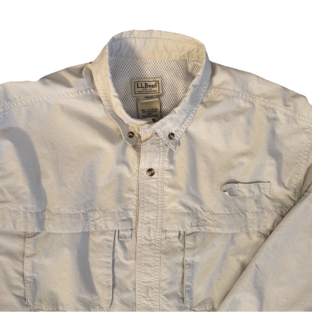 LL Bean Fishing Utility Shirt Mens L Nylon Blend Beige Long Sleeve Vented PD24